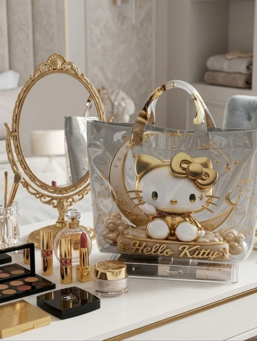 Women Hello Kitty Large Daily Commuter Hand Tote Moon Style PVC Glossy